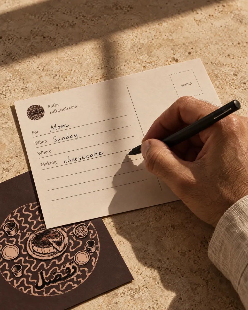 A hand filling in the back of the invitation in late sun: for Mom, Sunday, cheesecake