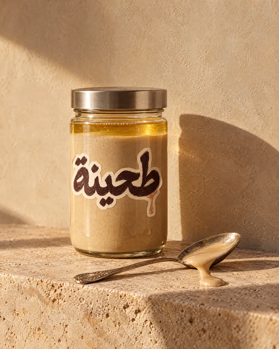 The tahini sticker on a jar of tahini on a stone ledge against a plaster wall